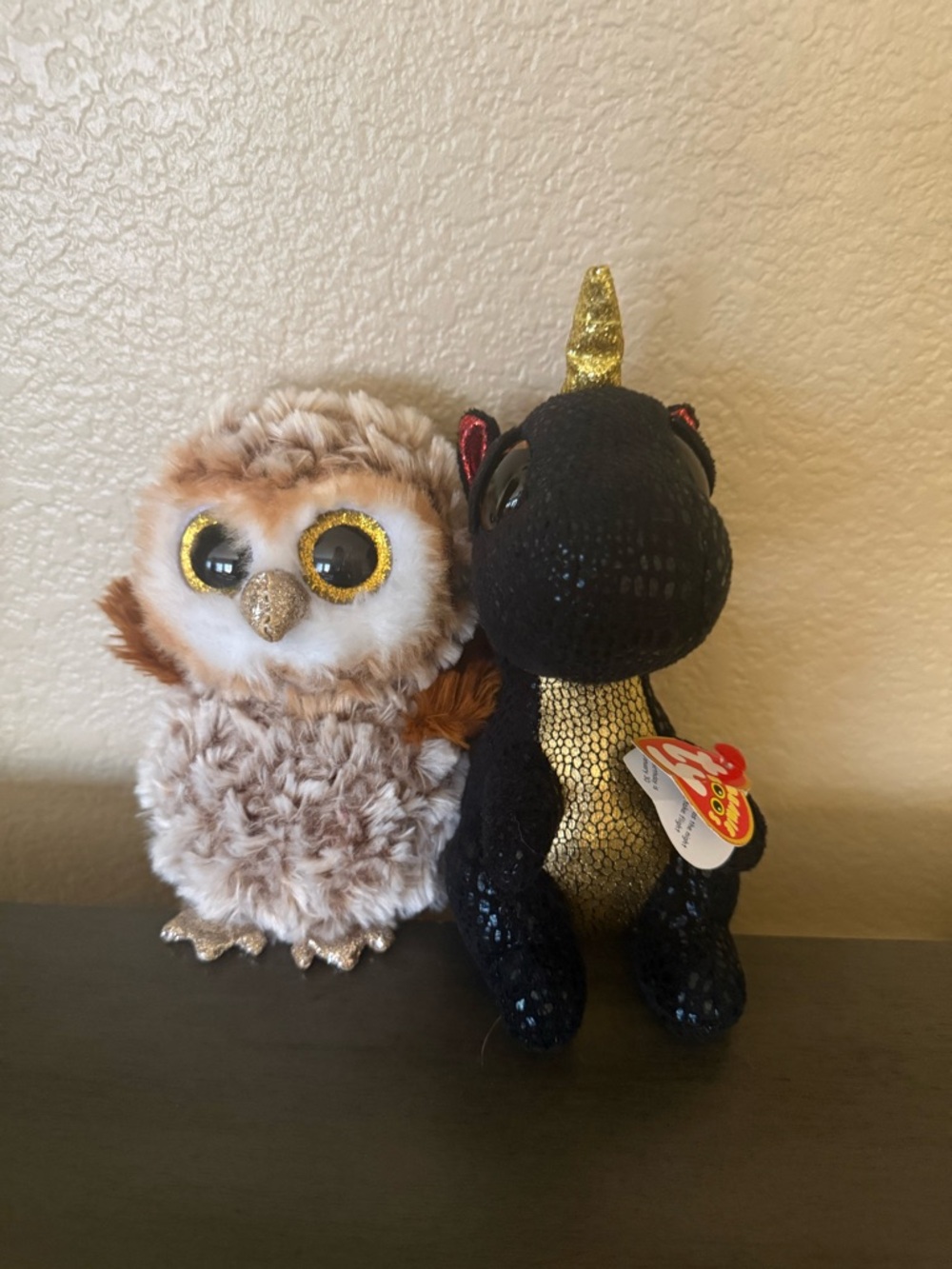 Ty Beanie Boo Plush Bundle Owl Percy & Dragon Darby Glitter Eyes